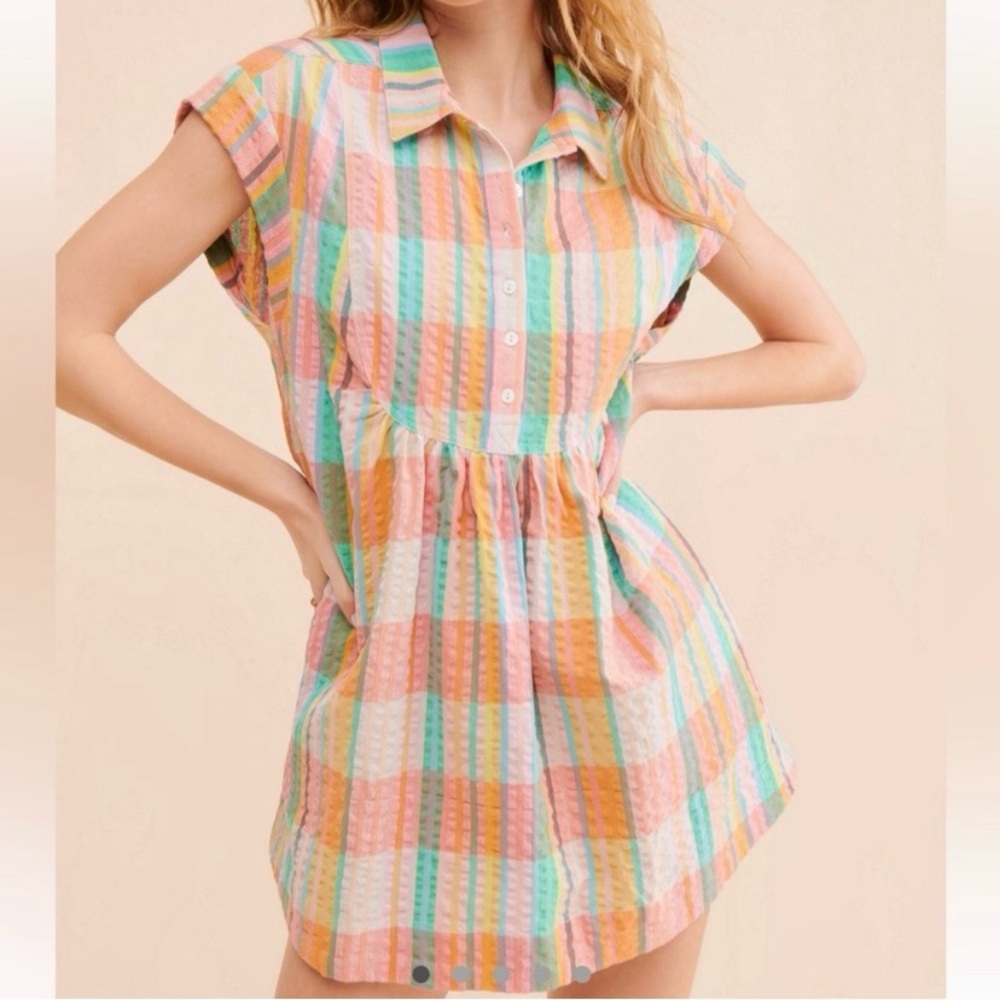 Free people madras checkered plaid mini dress